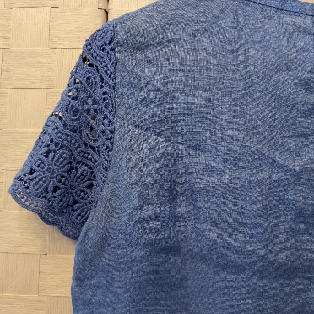 J.Crew Blue 100% Linen‎ Crochet Lace Yoke Short Sleeve Top C3489 Size 0 - Picture 10 of 14